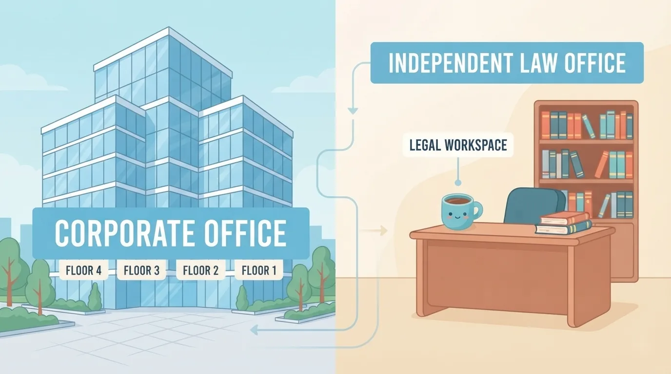 Contraste entre um grande edifício corporativo e um pequeno escritório de advocacia independente