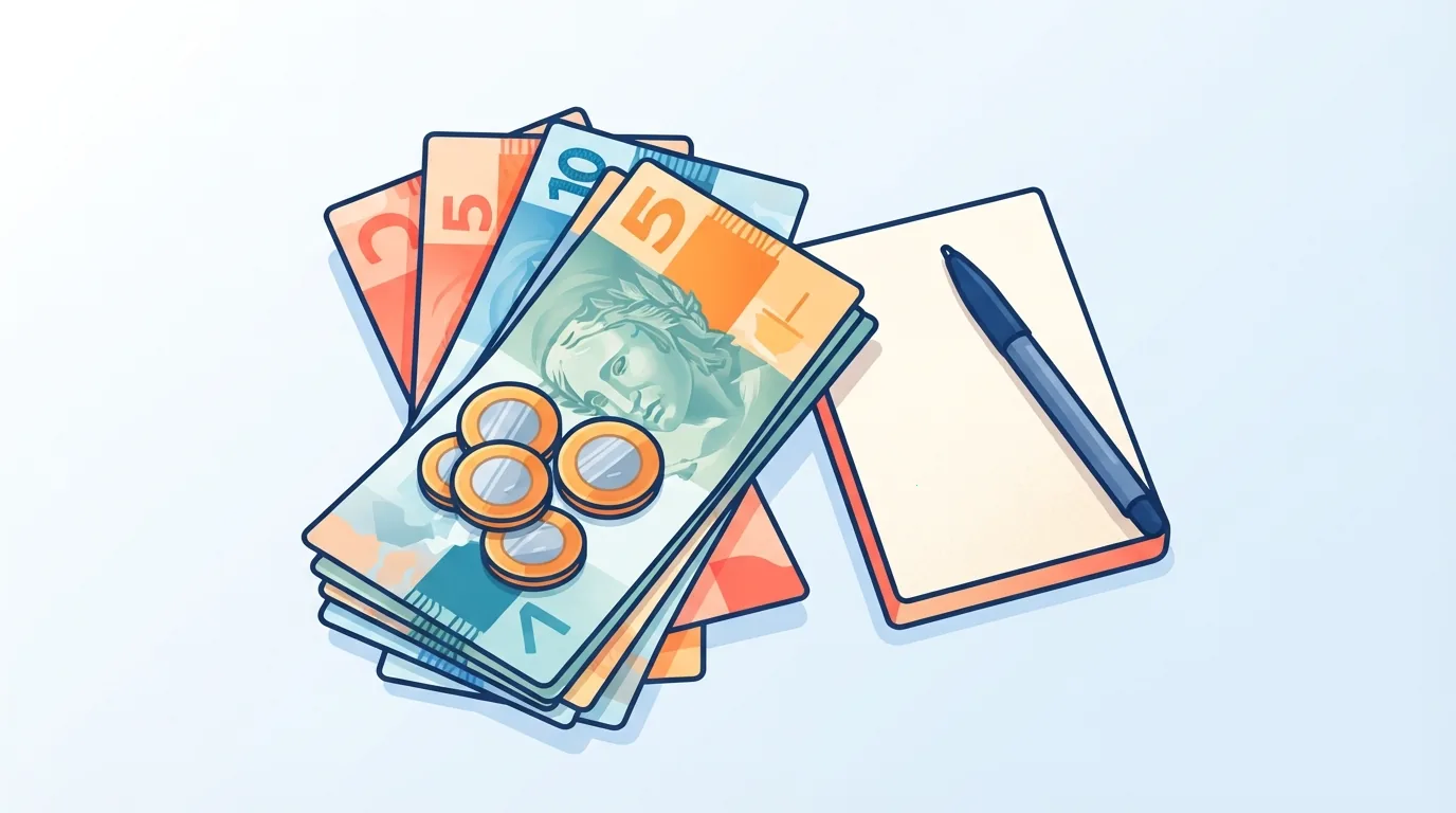 Notas e moedas de real ao lado de um bloco de anotações