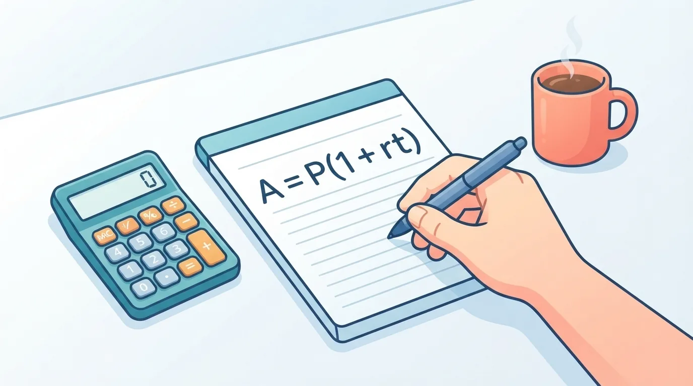 Mão escrevendo a fórmula de juros simples ao lado de uma calculadora