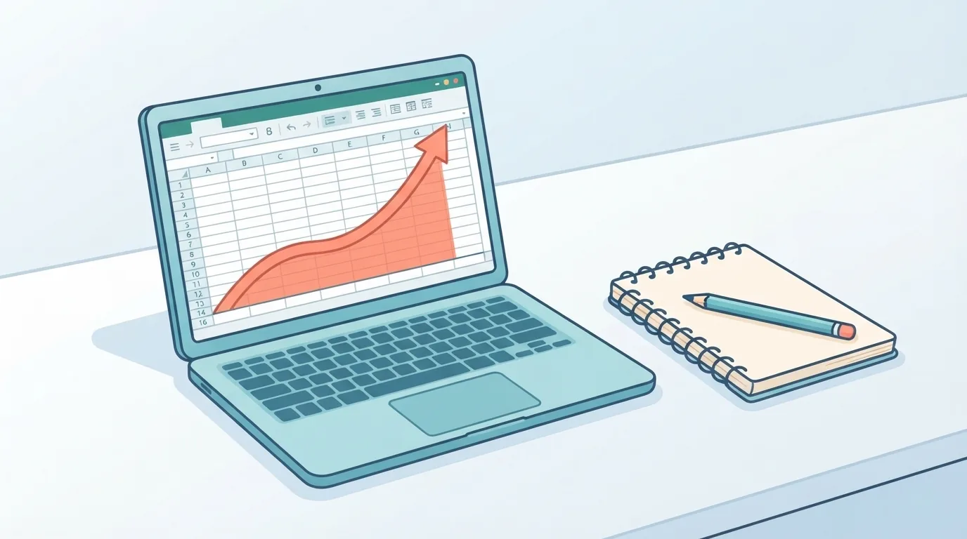 Notebook exibindo um gráfico de crescimento ao lado de um caderno