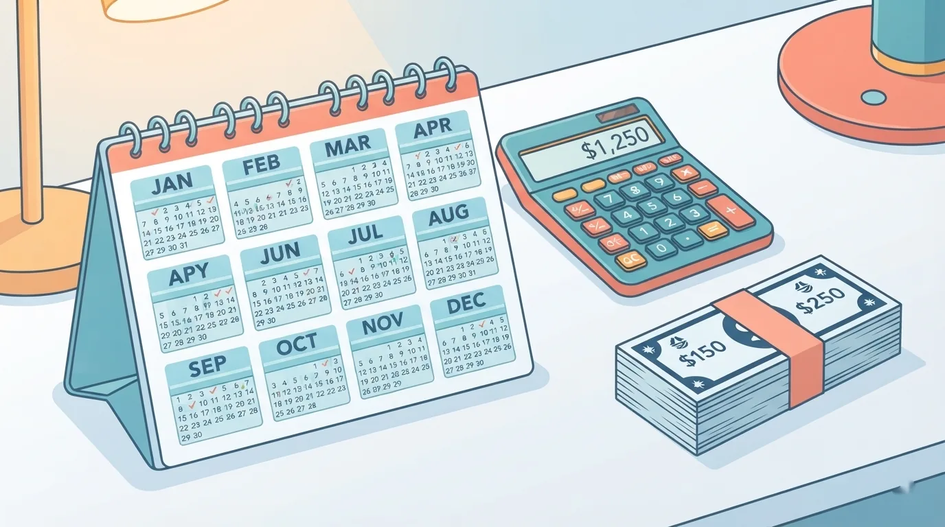 Calendário com doze meses marcados ao lado de uma calculadora e contas