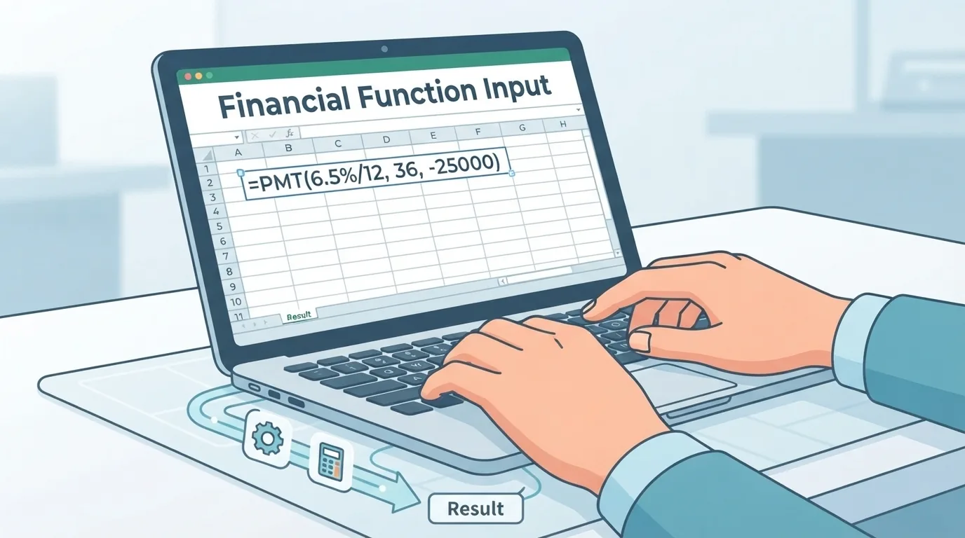 Mãos digitando uma função financeira em uma planilha no notebook