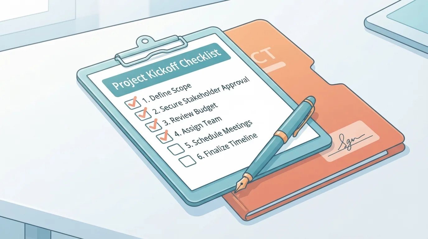 Prancheta com checklist marcado sobre uma pasta de contrato