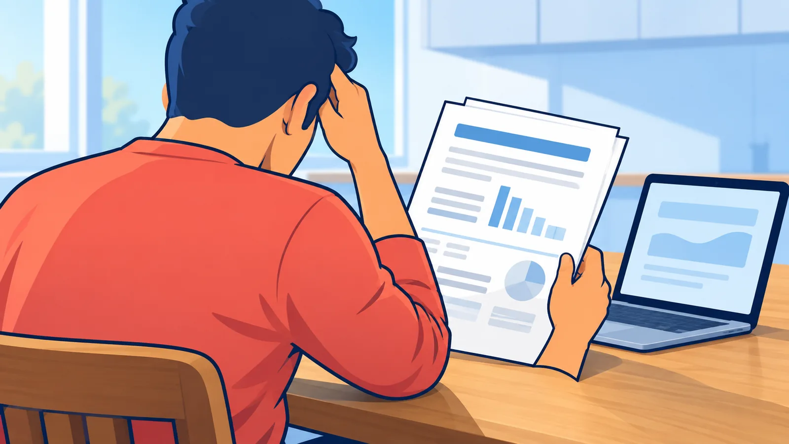 Pessoa analisando documentos de empréstimo à mesa com um notebook
