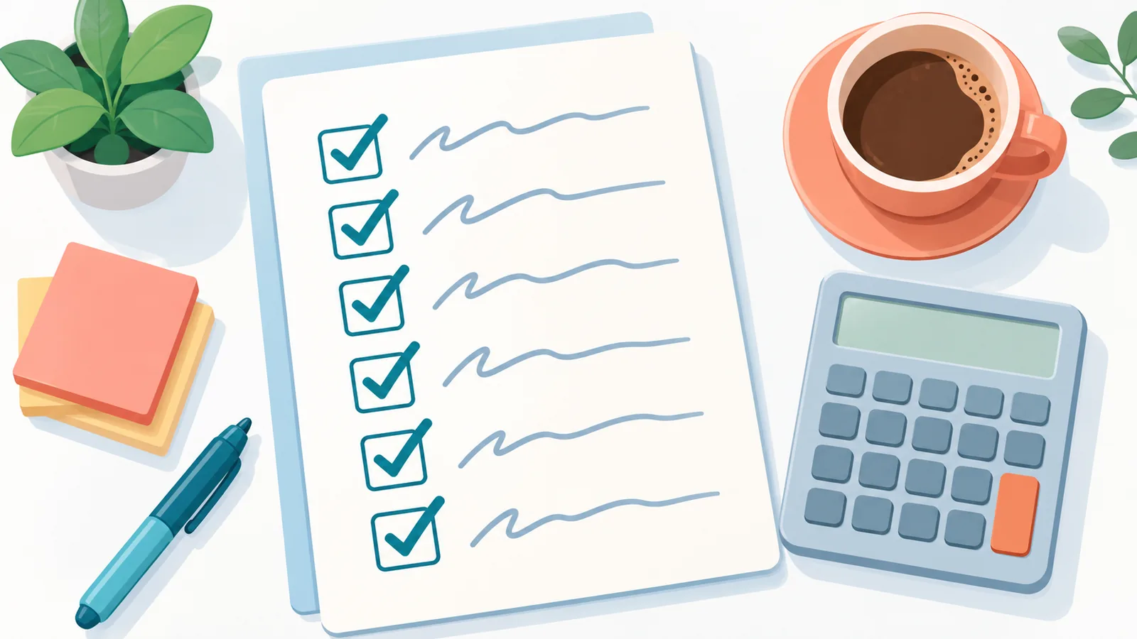 Lista de verificação com marcações ao lado de uma calculadora