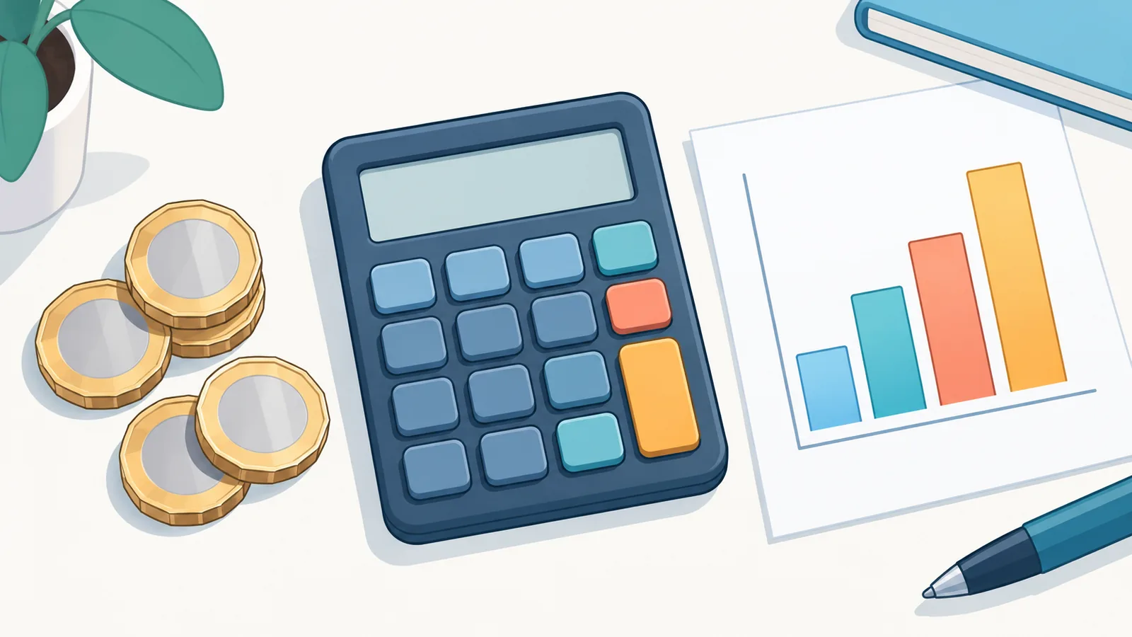 Calculadora e moedas de libra sobre papéis com gráficos