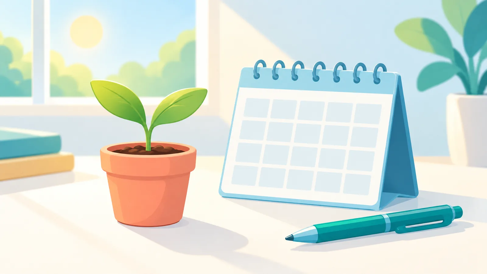 Muda de planta ao lado de um calendário simbolizando progresso gradual