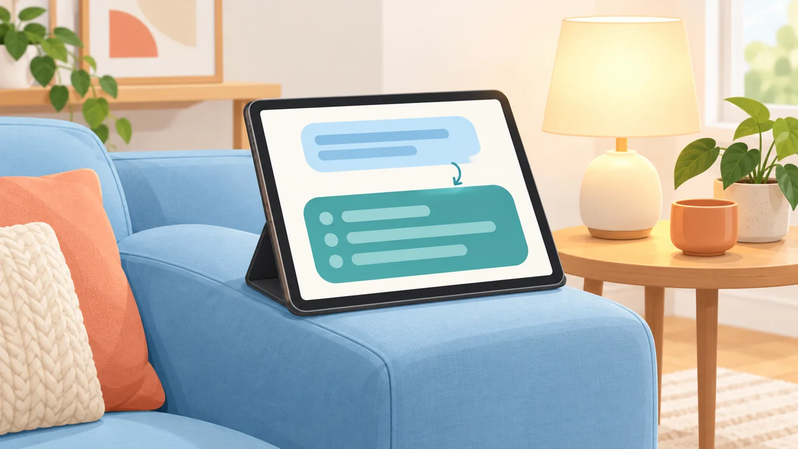Tablet exibindo perguntas e respostas em um ambiente tranquilo