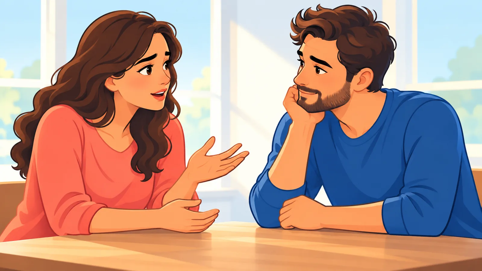 Casal conversando com calma à mesa, em clima de carinho e respeito
