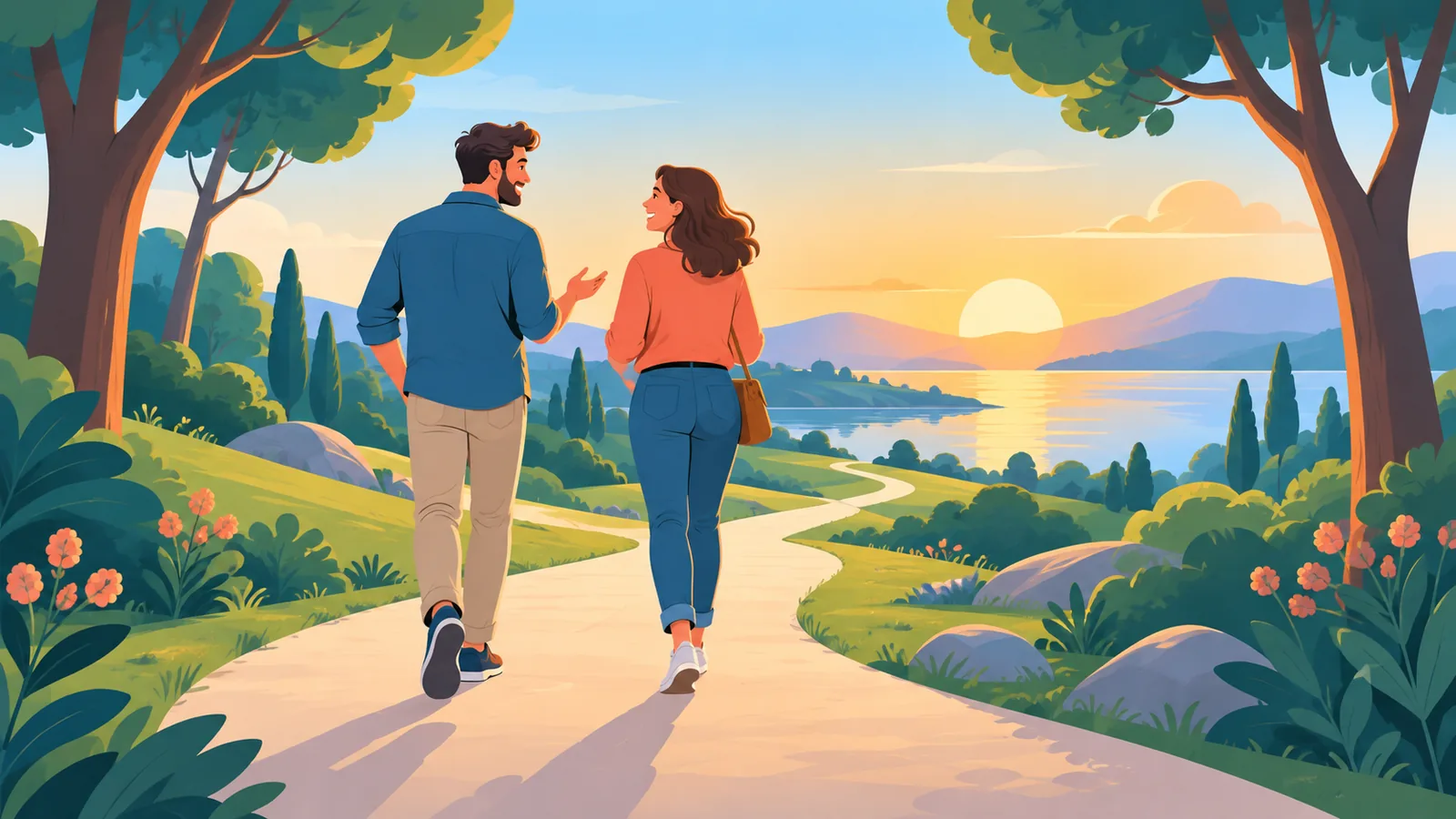 Duas pessoas conversando durante uma caminhada ao fim da tarde