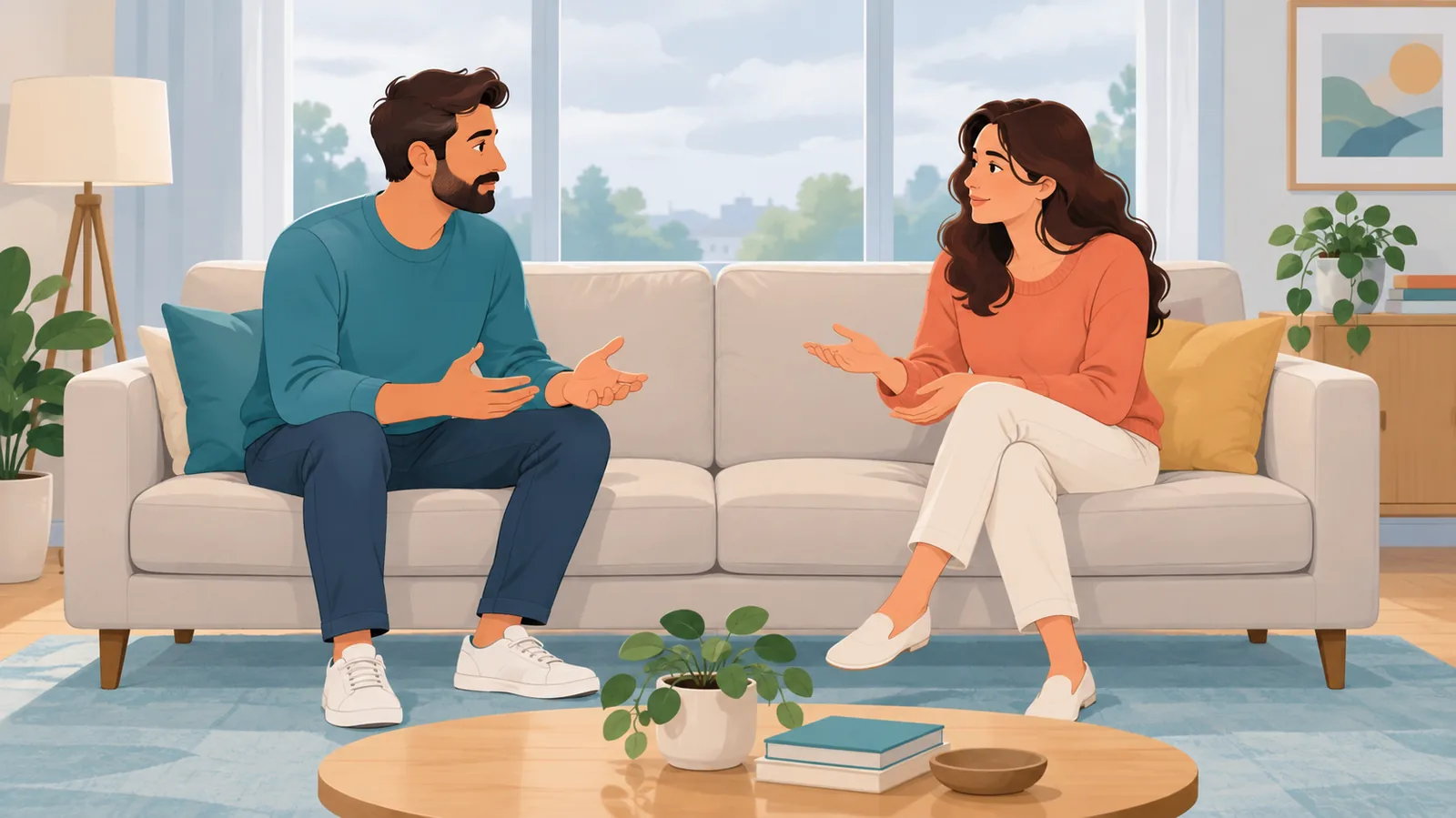 Casal conversando com calma durante um desentendimento