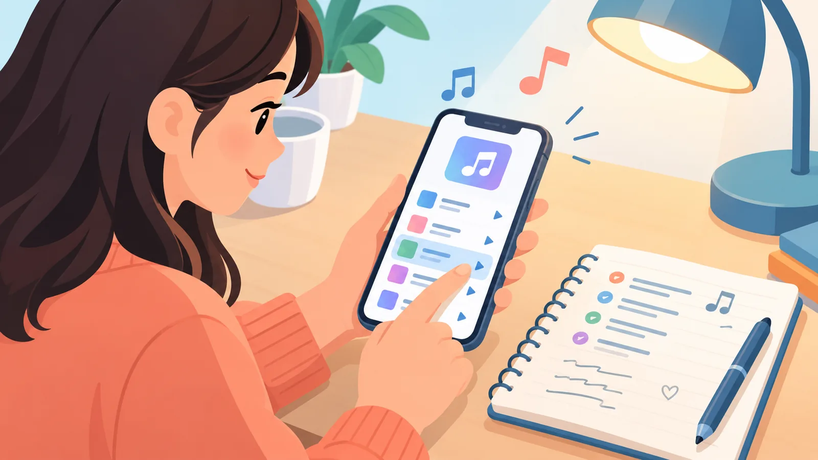 Mulher sorrindo ao ouvir uma música no celular em uma sala aconchegante