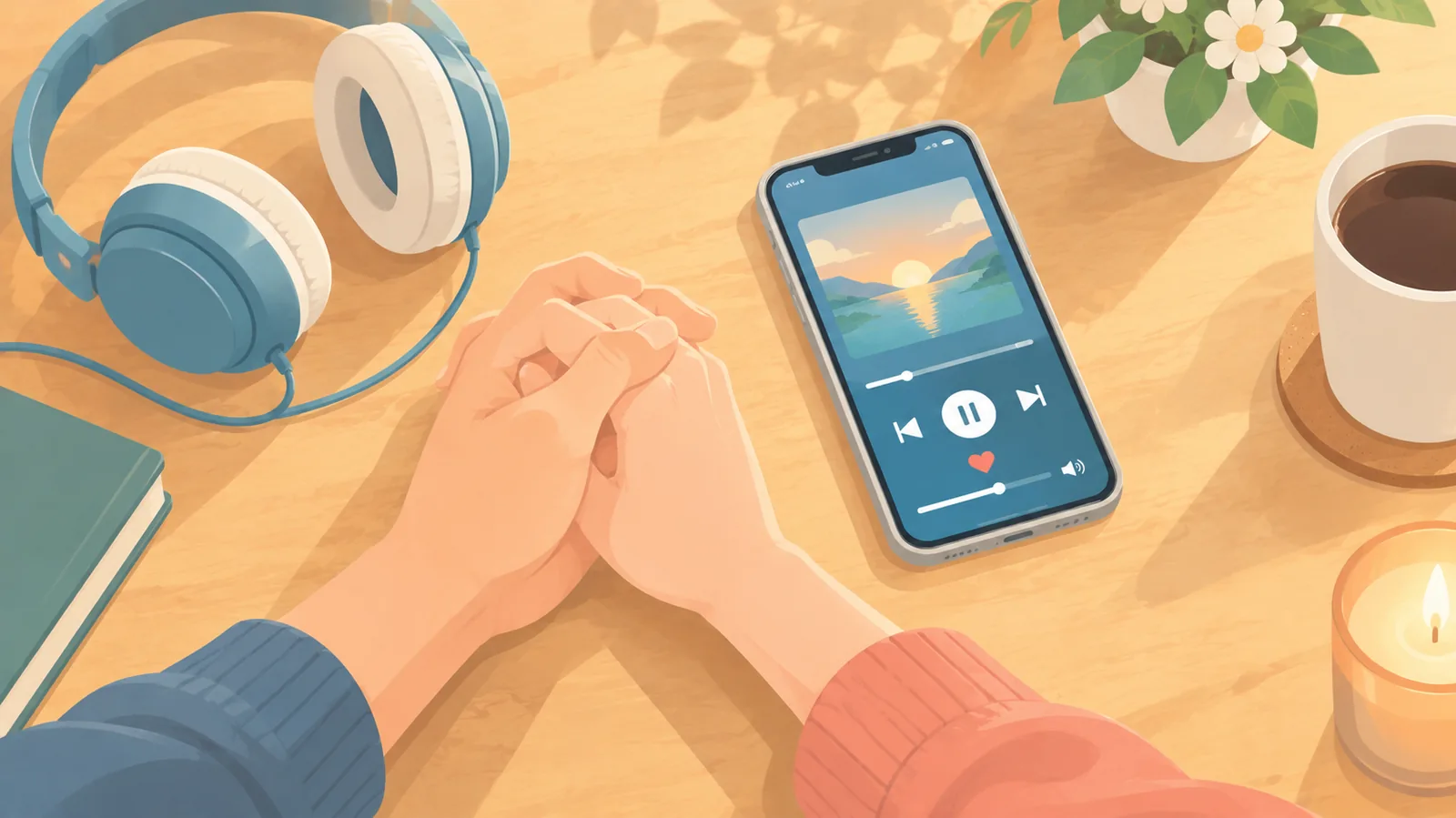 Capa de vinil sobre um toca-discos ao lado de um celular com aplicativo de música