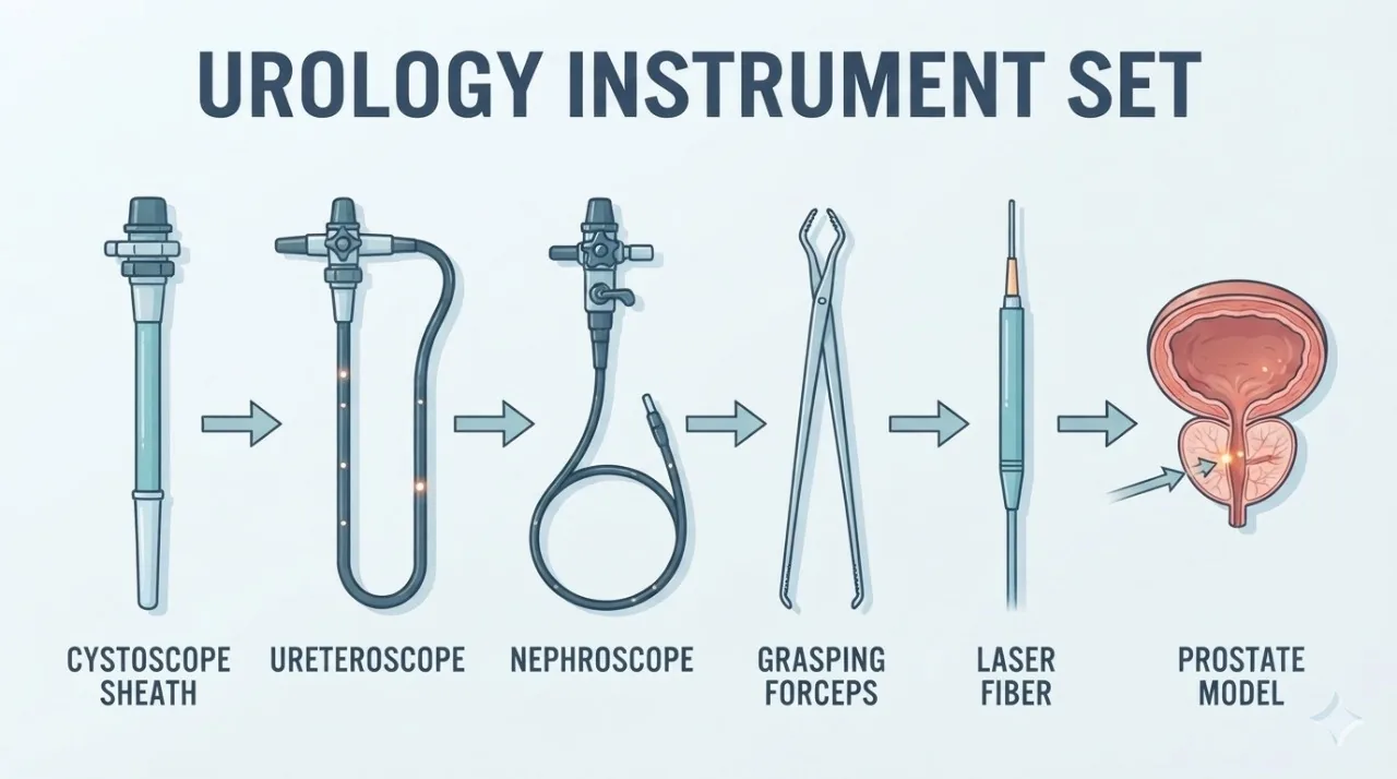 Urologista preparando fibra de laser e endoscópio para cirurgia da próstata