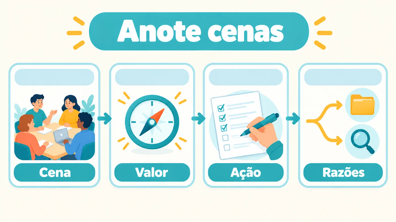 Quatro campos orientam o registro: situação vivida, o que foi valorizado, ação realizada e outras razões possí