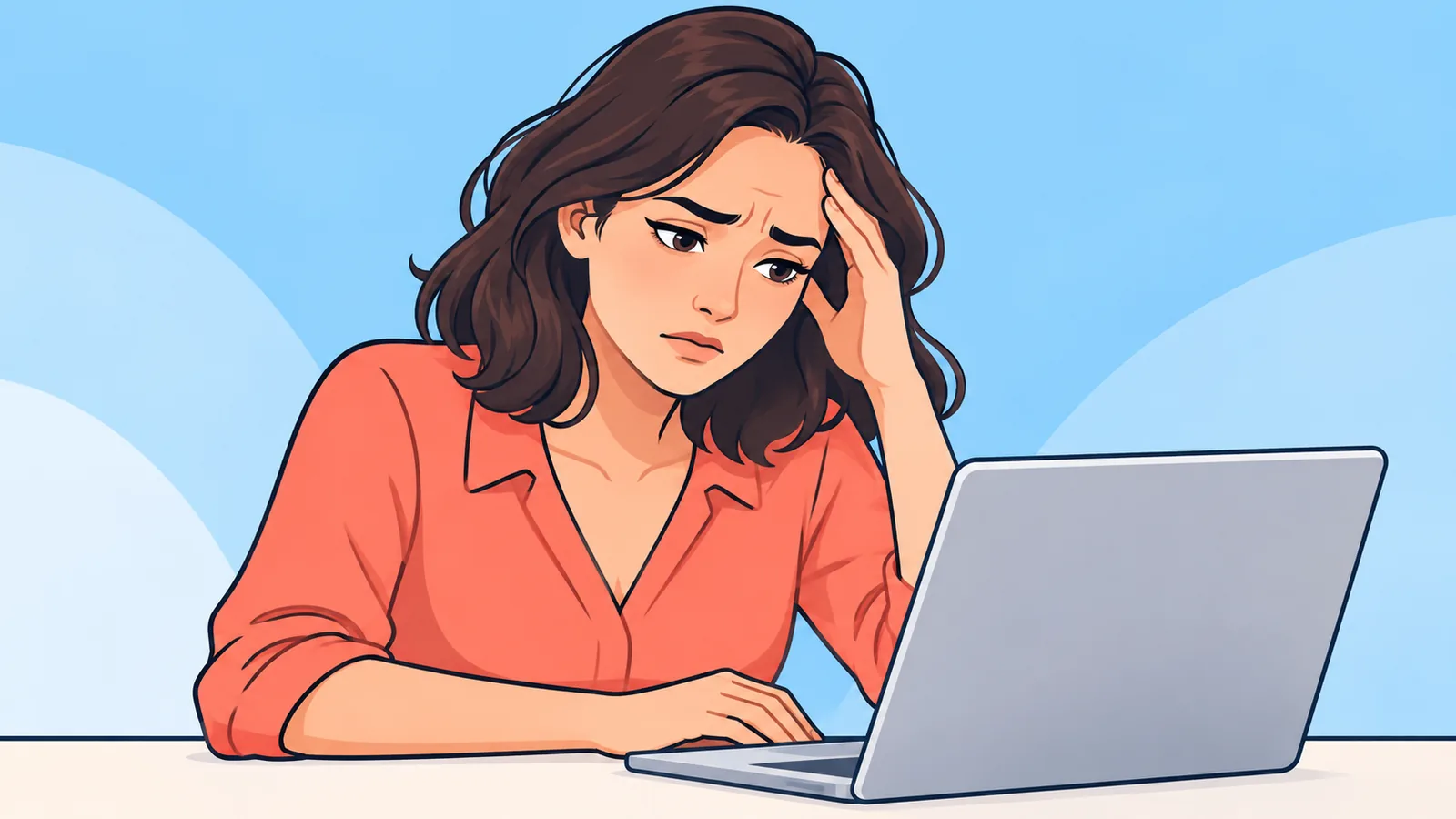 Profissional de escritório com expressão tensa diante do computador