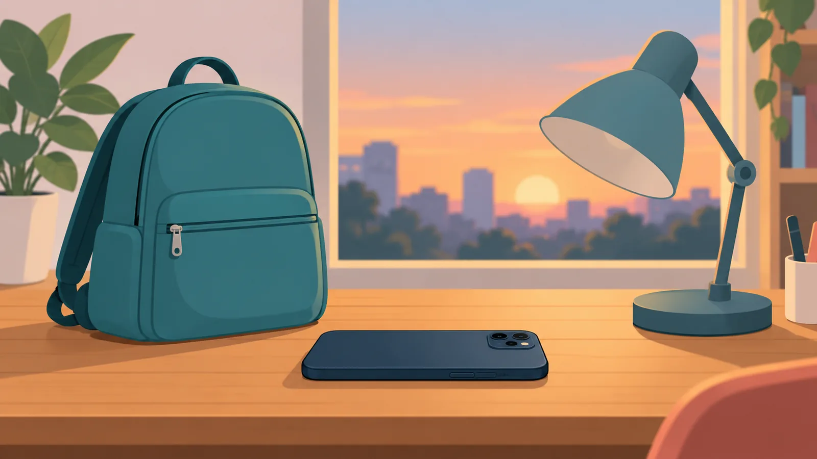 Celular virado para baixo ao lado de uma mochila fechada no fim do expediente
