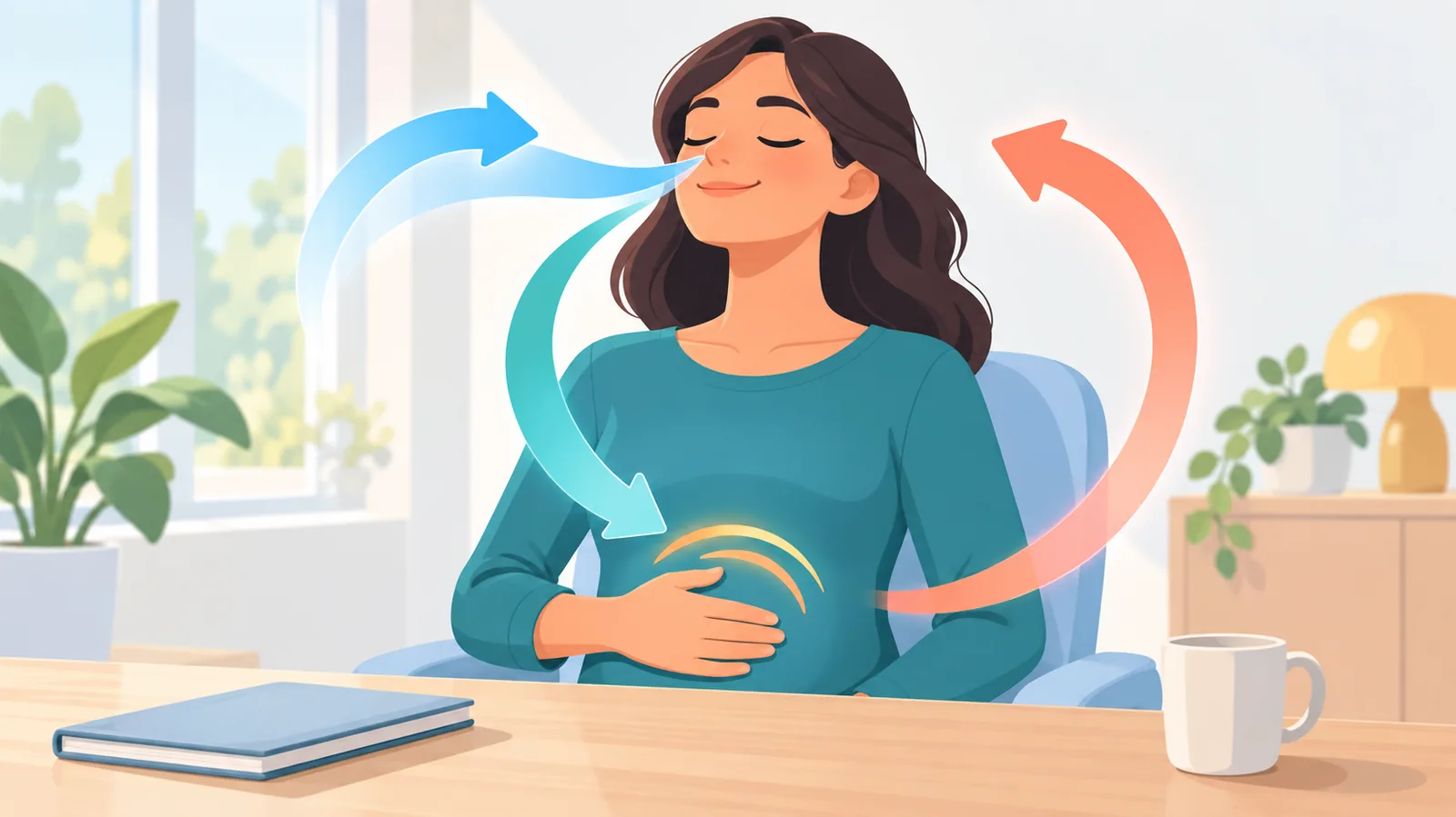 Mulher respirando fundo de olhos fechados na mesa de trabalho