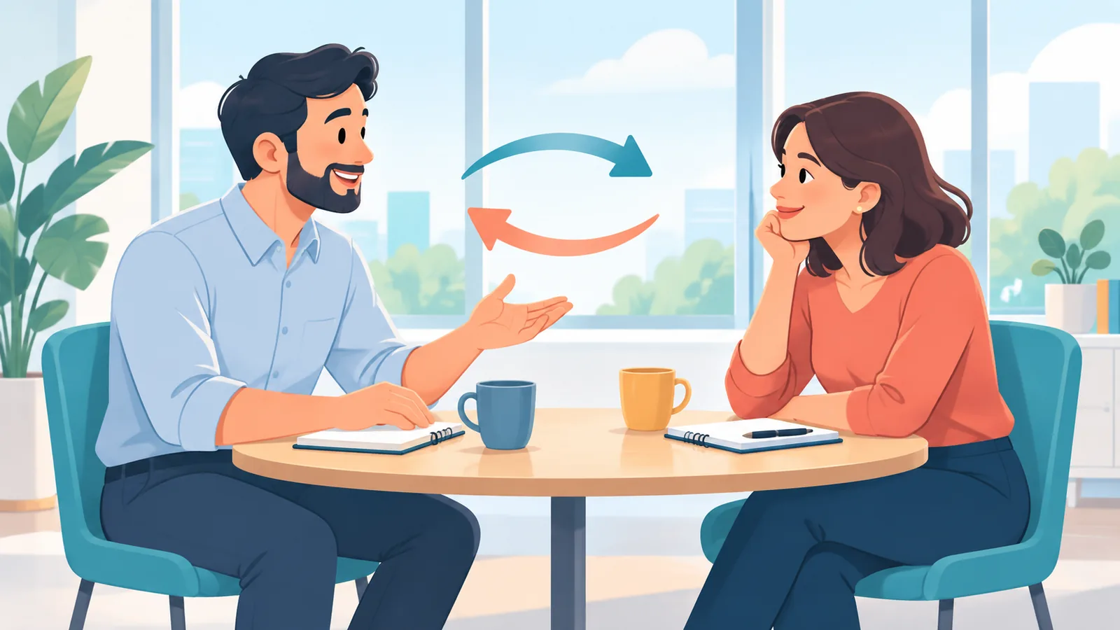 Dois colegas conversando com calma em uma reunião