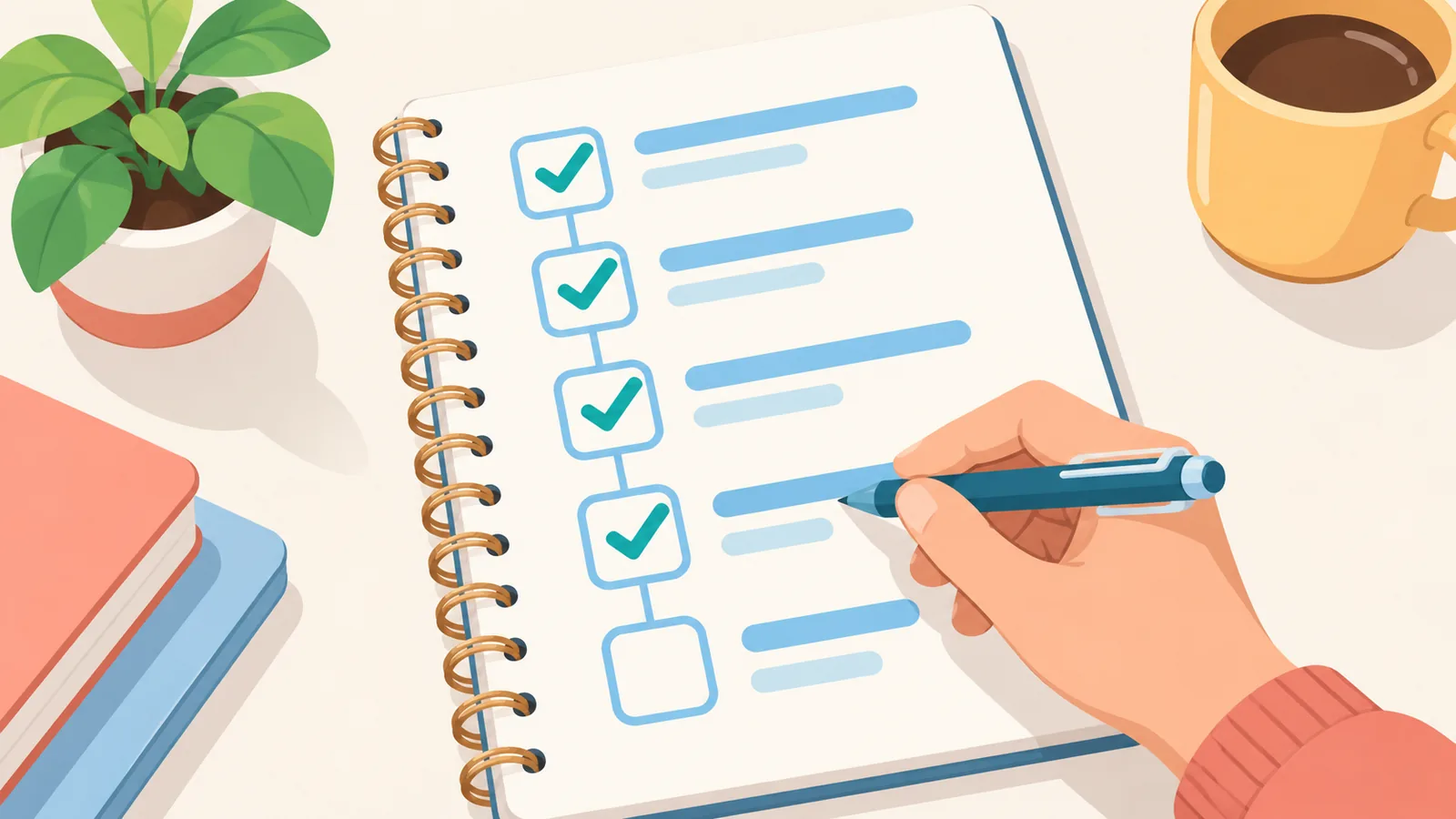 Mão marcando itens de um checklist escrito à mão em um caderno
