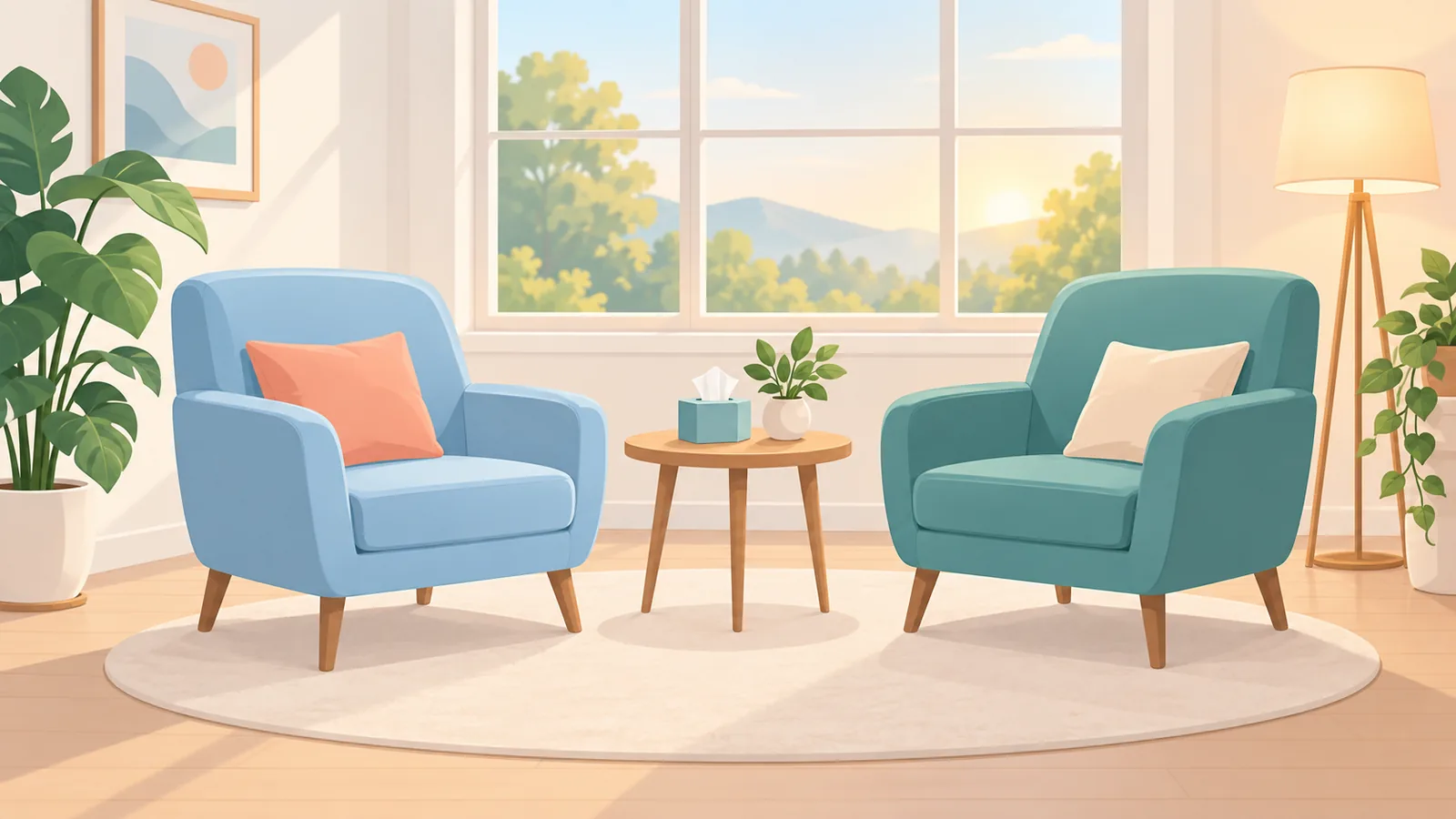 Consultório acolhedor com poltronas e plantas