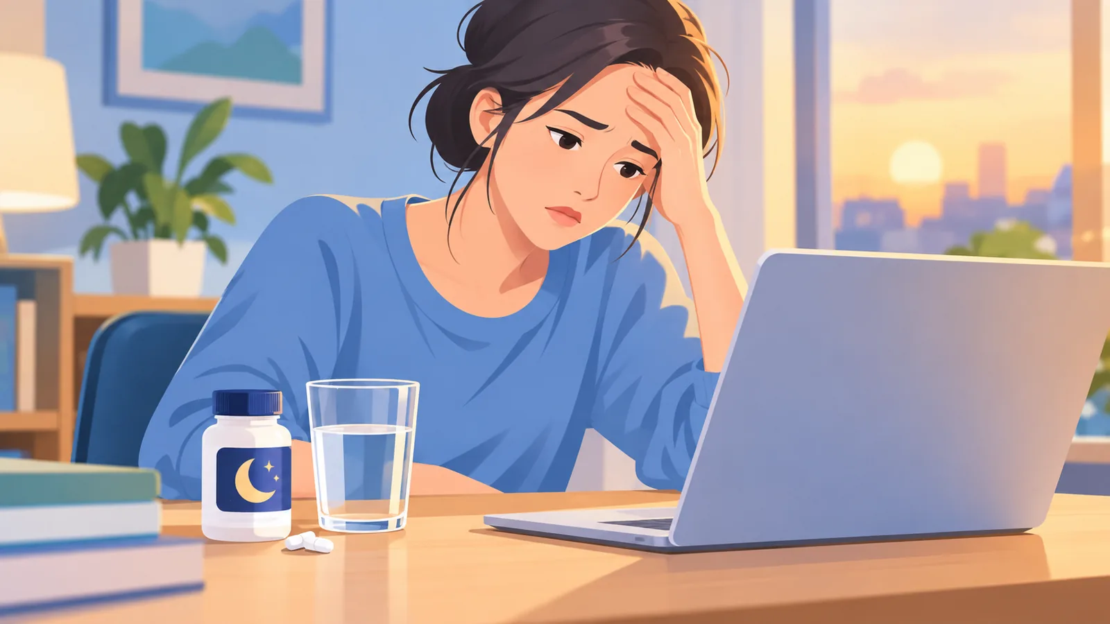 Mulher cansada em sua mesa de trabalho no fim do dia
