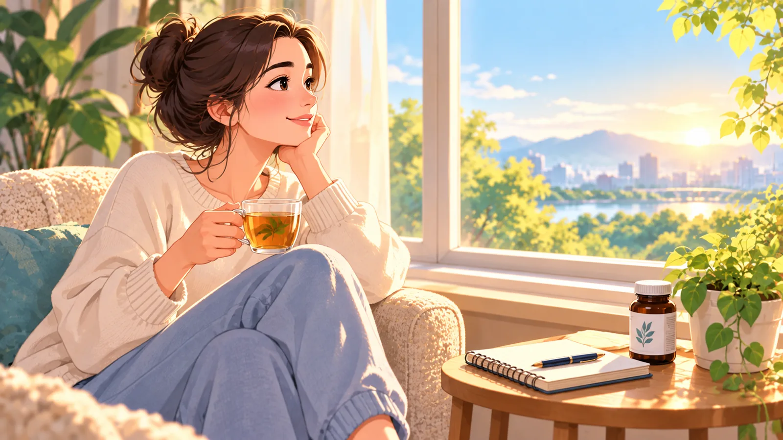 Mulher relaxando no sofá com uma xícara de chá verde