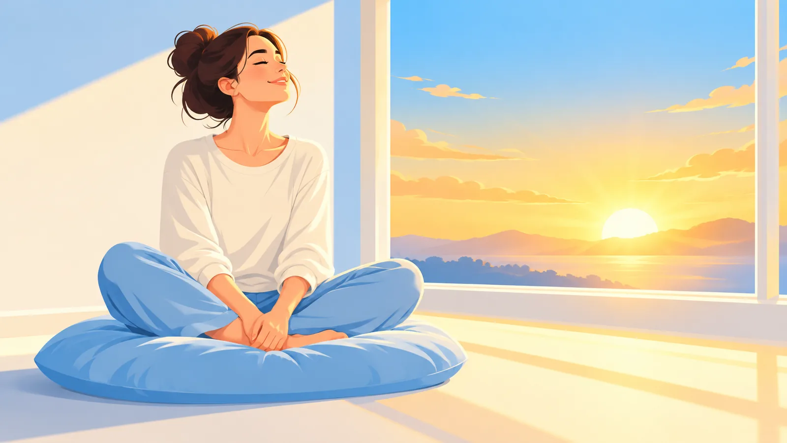 Pessoa sentada em uma almofada perto da janela ao nascer do sol, começando o dia com meditação