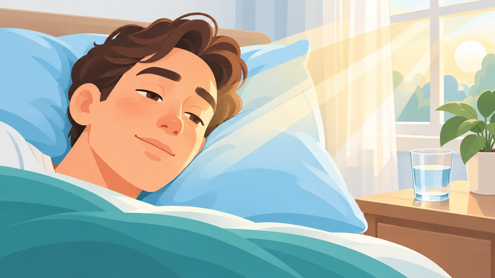 Pessoa acordando na cama com luz suave da manhã e um copo de água ao lado