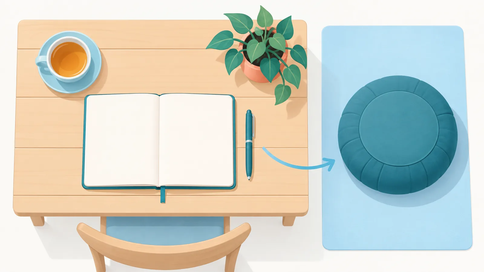 Mesa de madeira com caderno, chá, planta e almofada de meditação vistos de cima