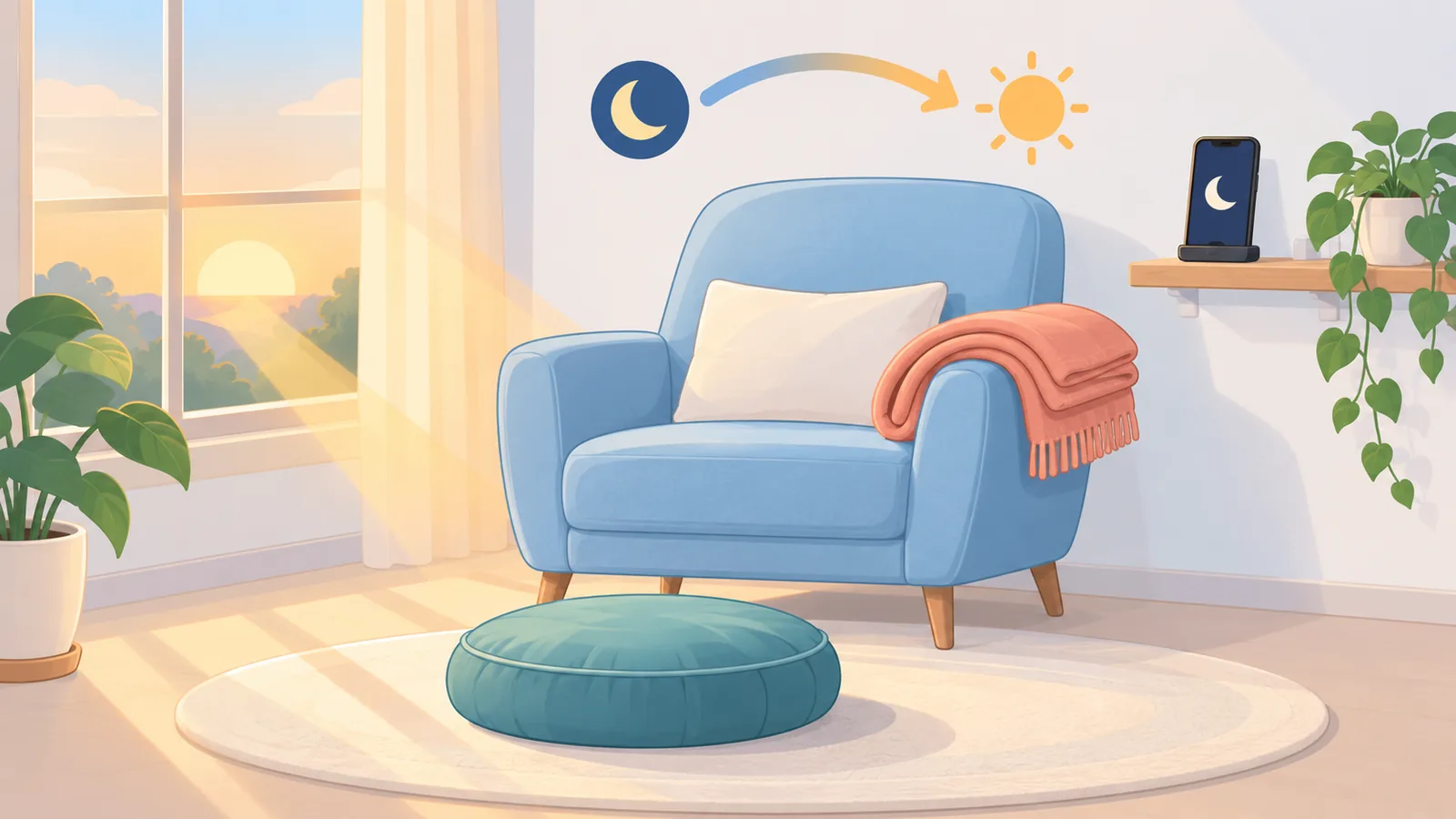 Cantinho da sala preparado na noite anterior com cadeira, almofada e manta para meditar