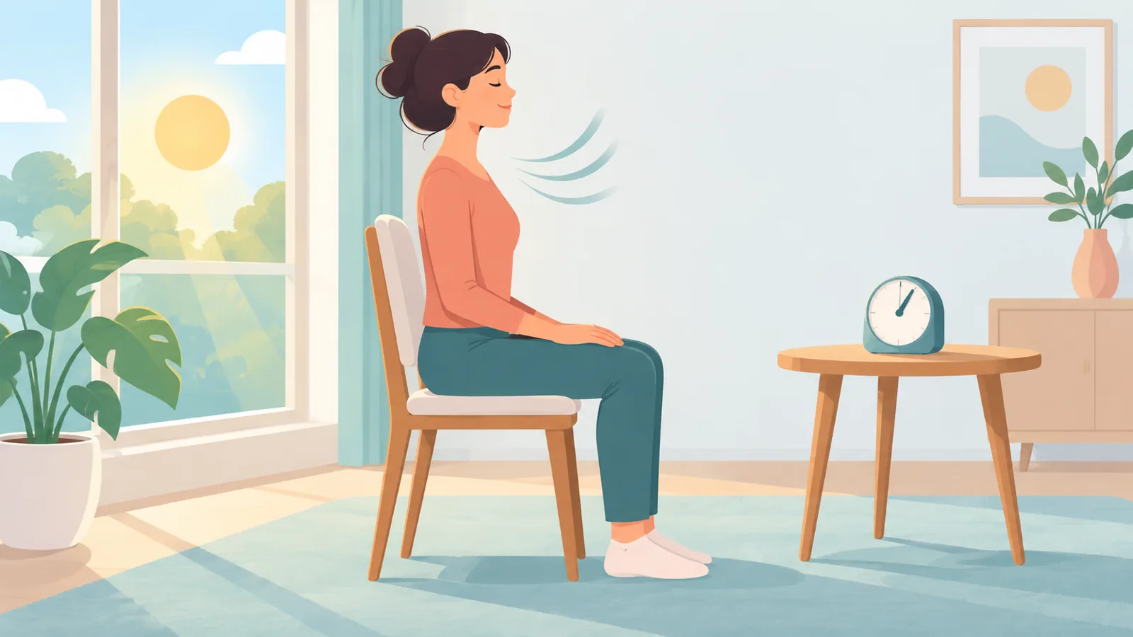 Pessoa sentada em uma cadeira com postura ereta e olhos fechados, com um timer ao lado