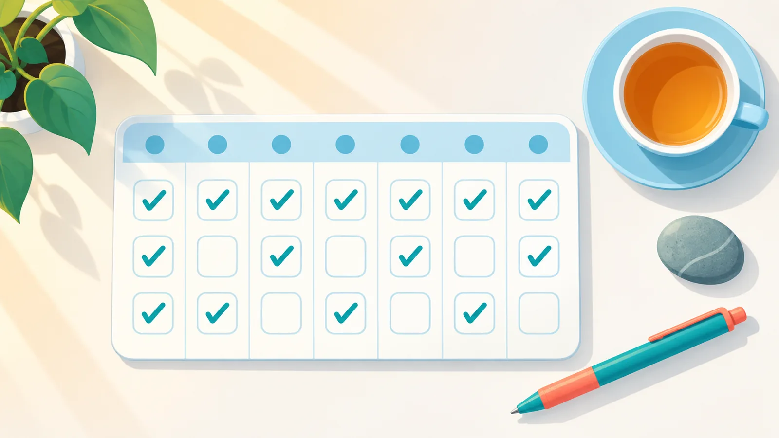 Planner de sete dias com marcações para acompanhar a rotina de meditação