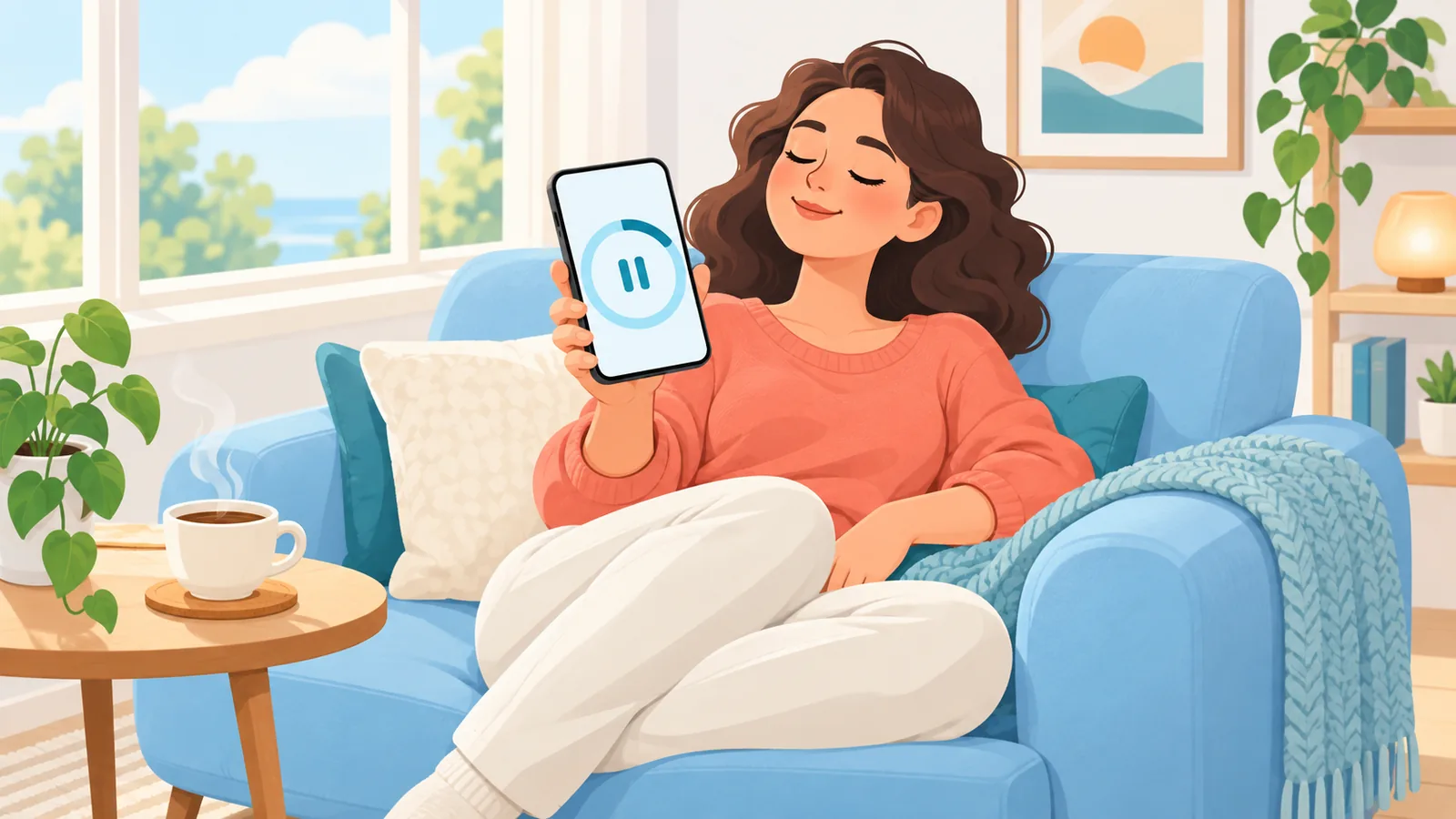 Pessoa no sofá usando um aplicativo de meditação no celular com uma xícara de café ao lado