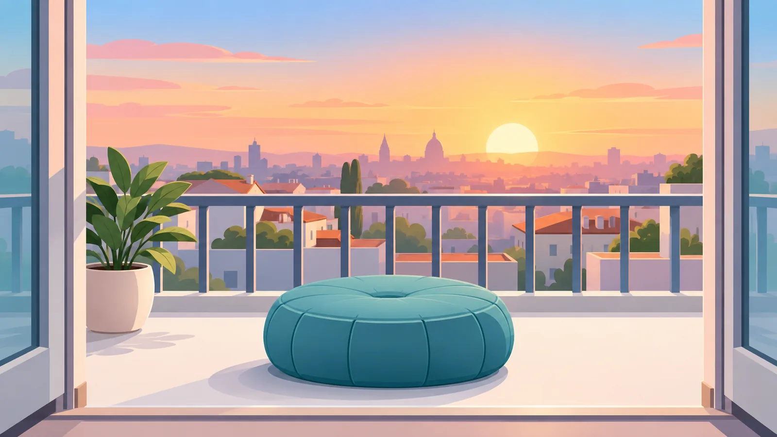 Varanda ao amanhecer com uma almofada pronta para a meditação do dia seguinte