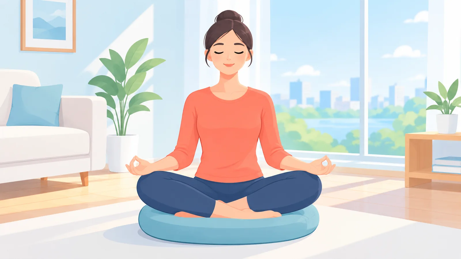Pessoa meditando sentada em uma almofada redonda em uma sala clara e minimalista