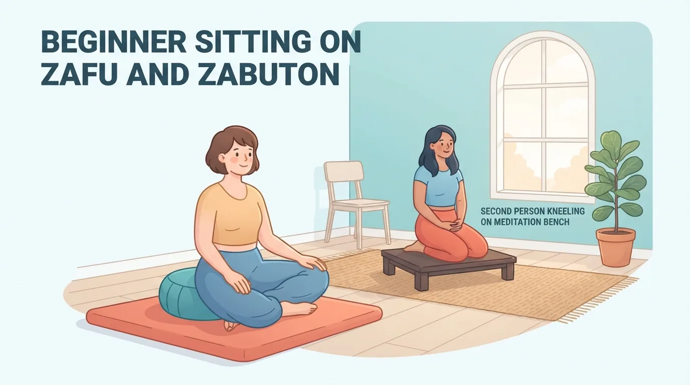 Estúdio com praticantes usando zafu, zabuton, banco de meditação e cadeira