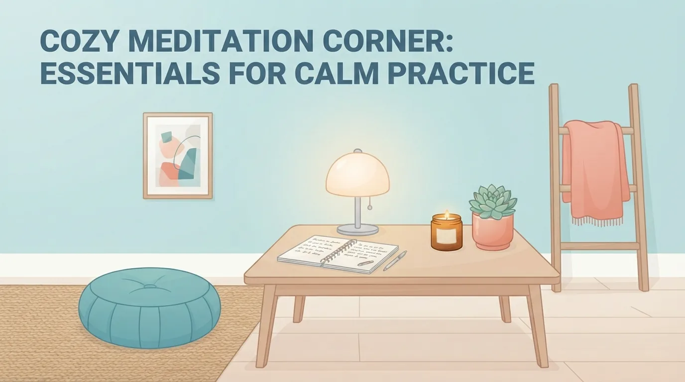 Cantinho de meditação com almofada redonda, planta, vela e caderno