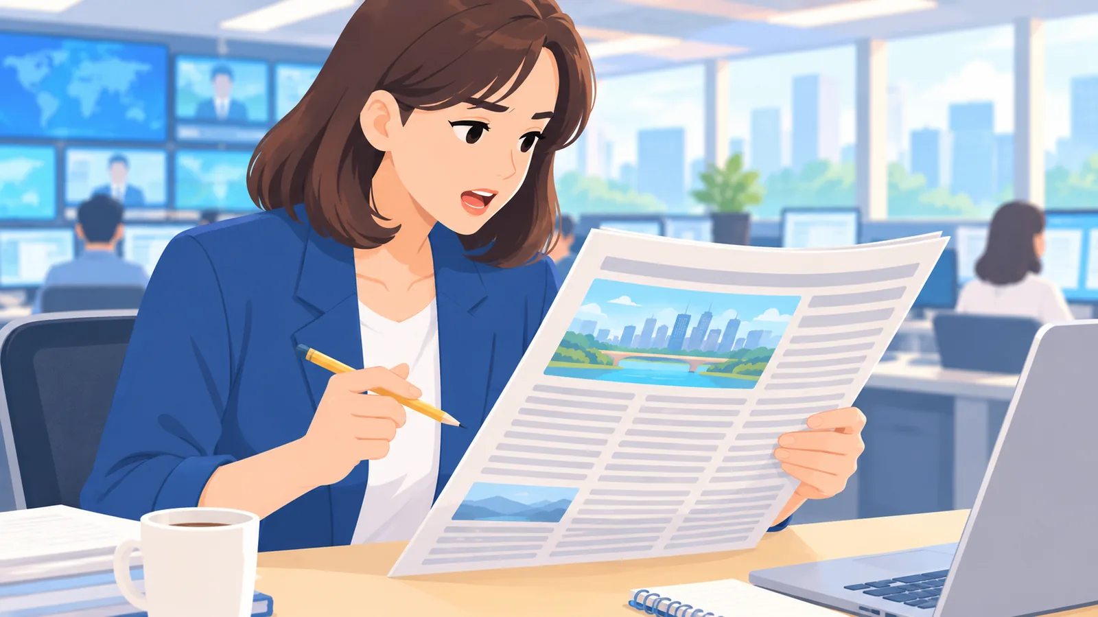 Editor lendo em voz alta uma página de jornal na redação
