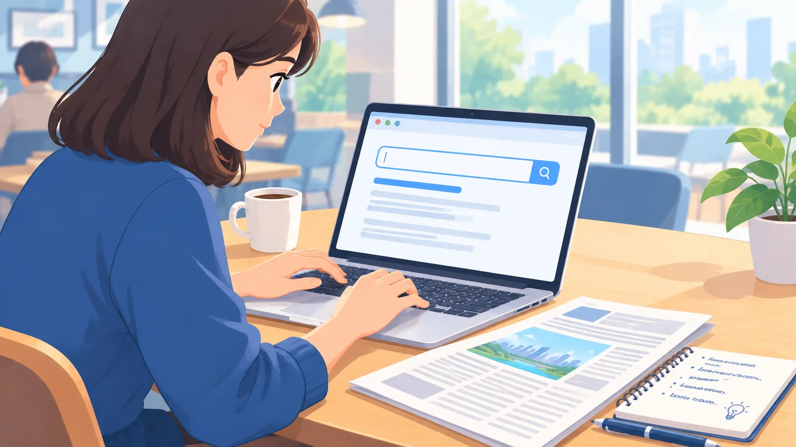 Pessoa digitando uma busca no notebook com anotações de palavras-chave ao lado