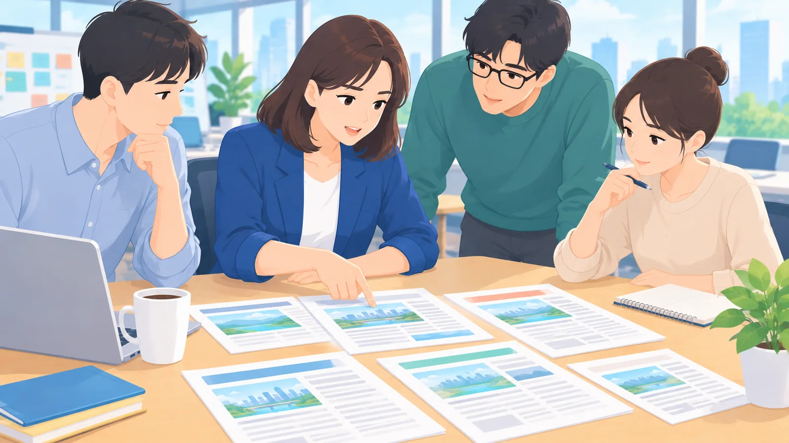 Equipe analisando opções de títulos impressos em volta de uma mesa