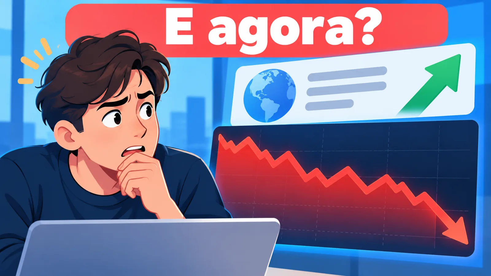 Investidor surpreso com a queda do preço após uma notícia econômica positiva.