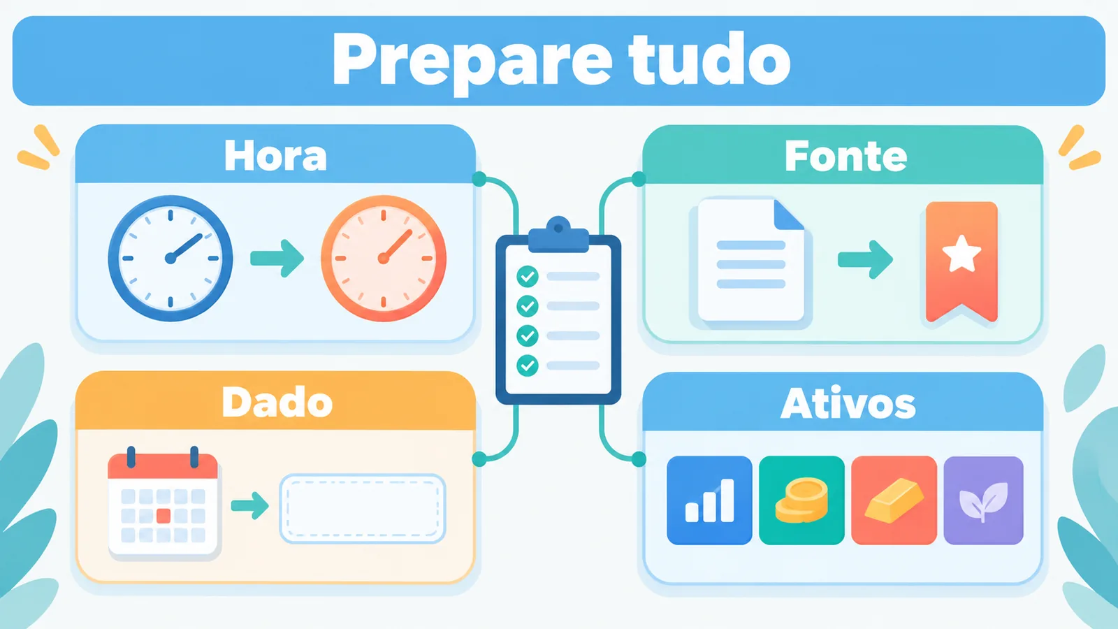 Preparação em quatro campos: horários, fonte oficial, período e expectativa do indicador, além dos ativos em c