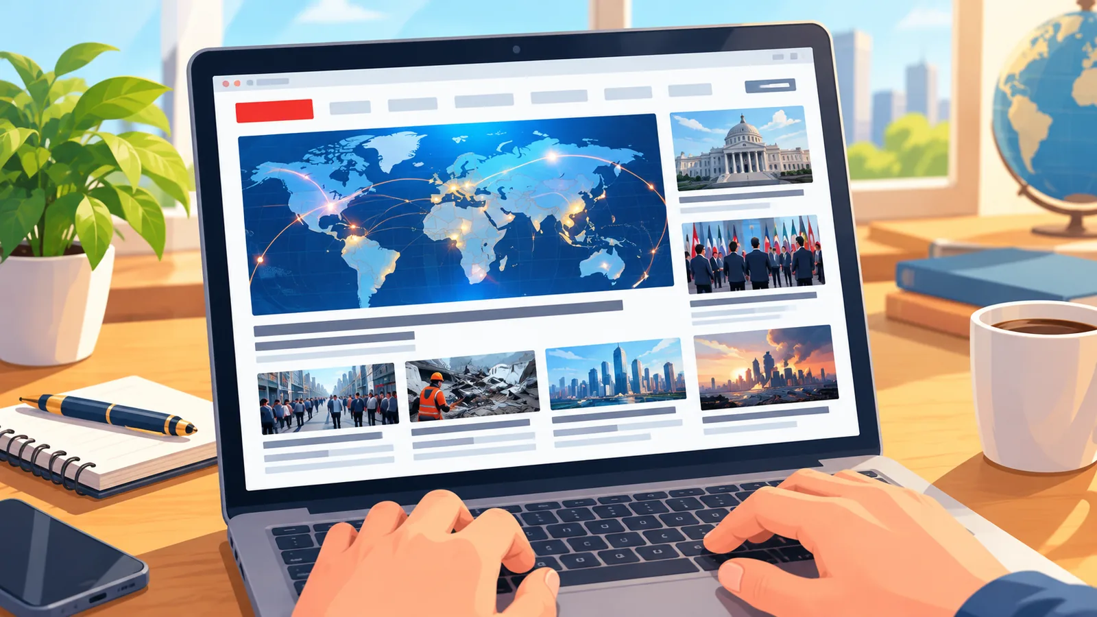 Notebook exibindo a página inicial de um site de notícias internacionais