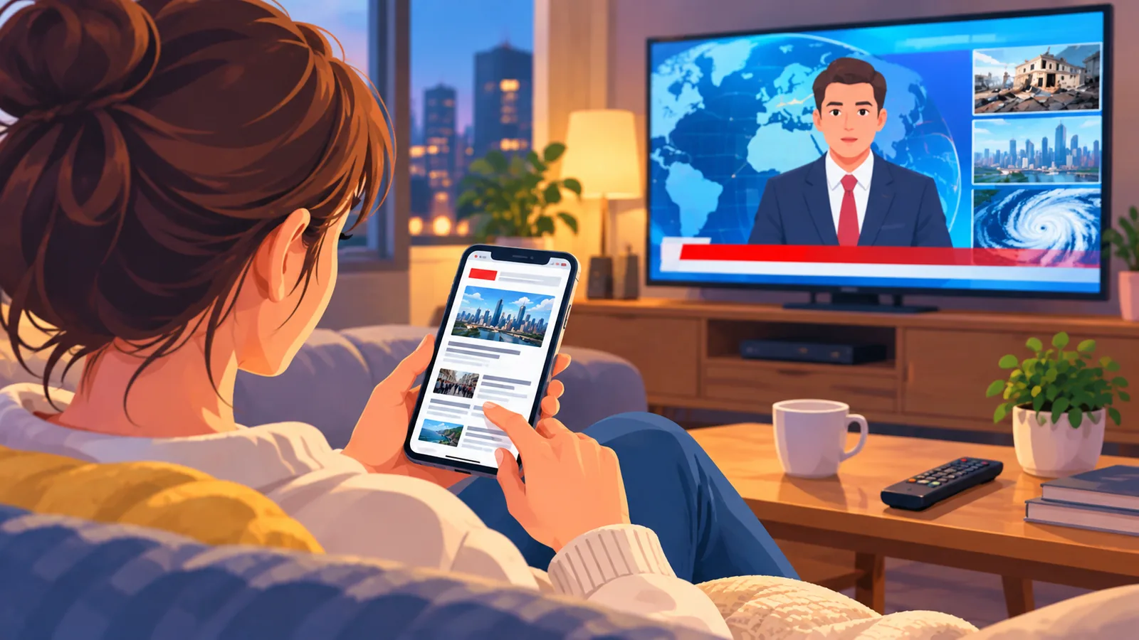 Transmissão de notícias ao vivo na TV e manchetes locais no celular
