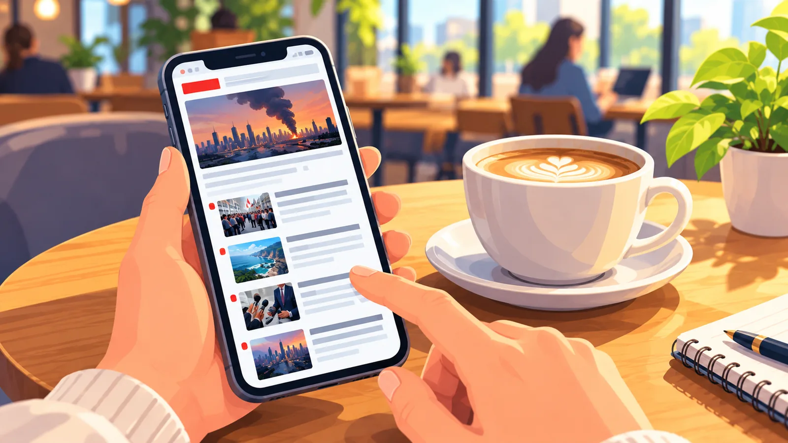 Celular com atualizações de notícias em tempo real ao lado de uma xícara de café