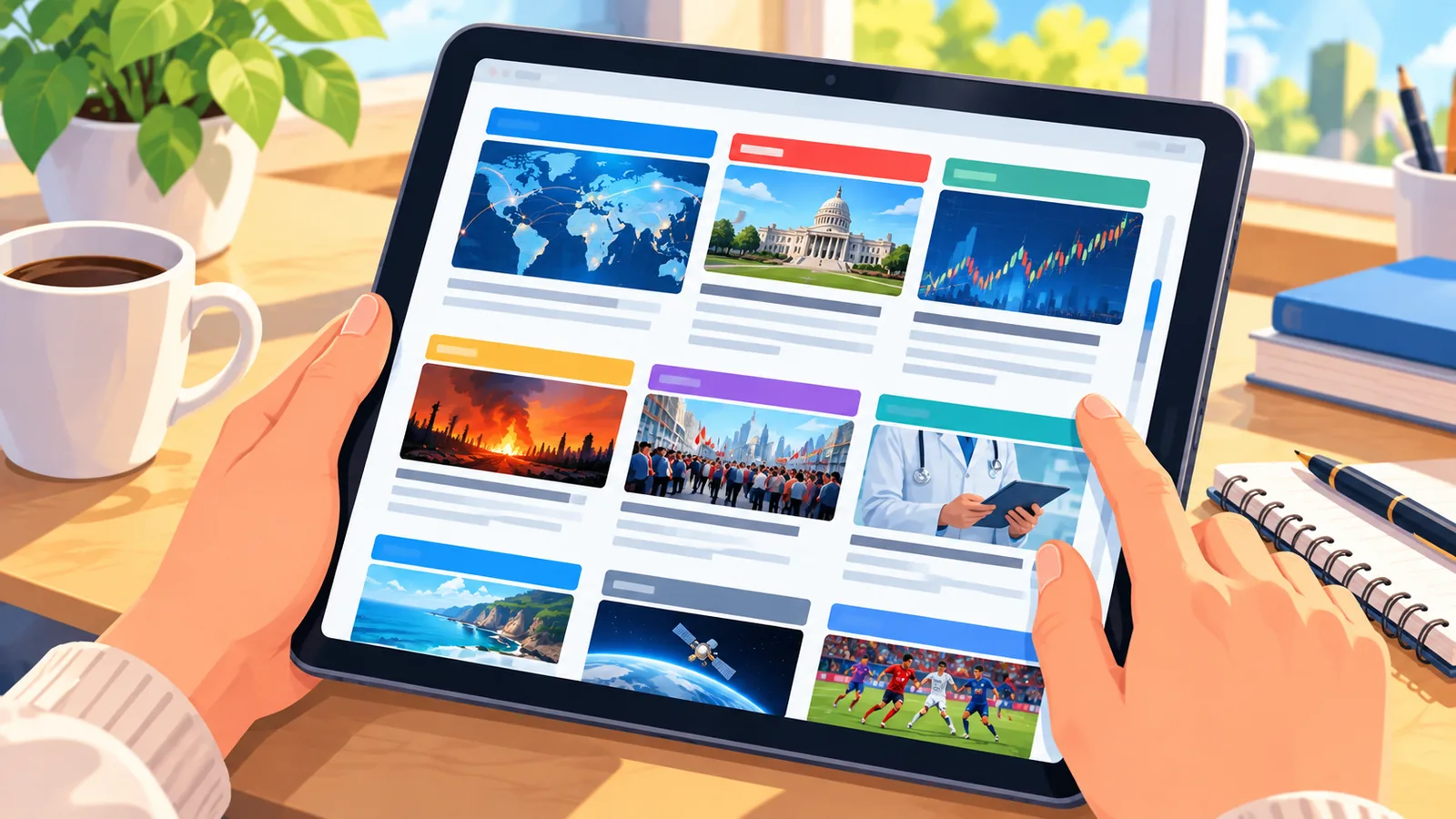 Tablet com reportagens agrupadas por assunto