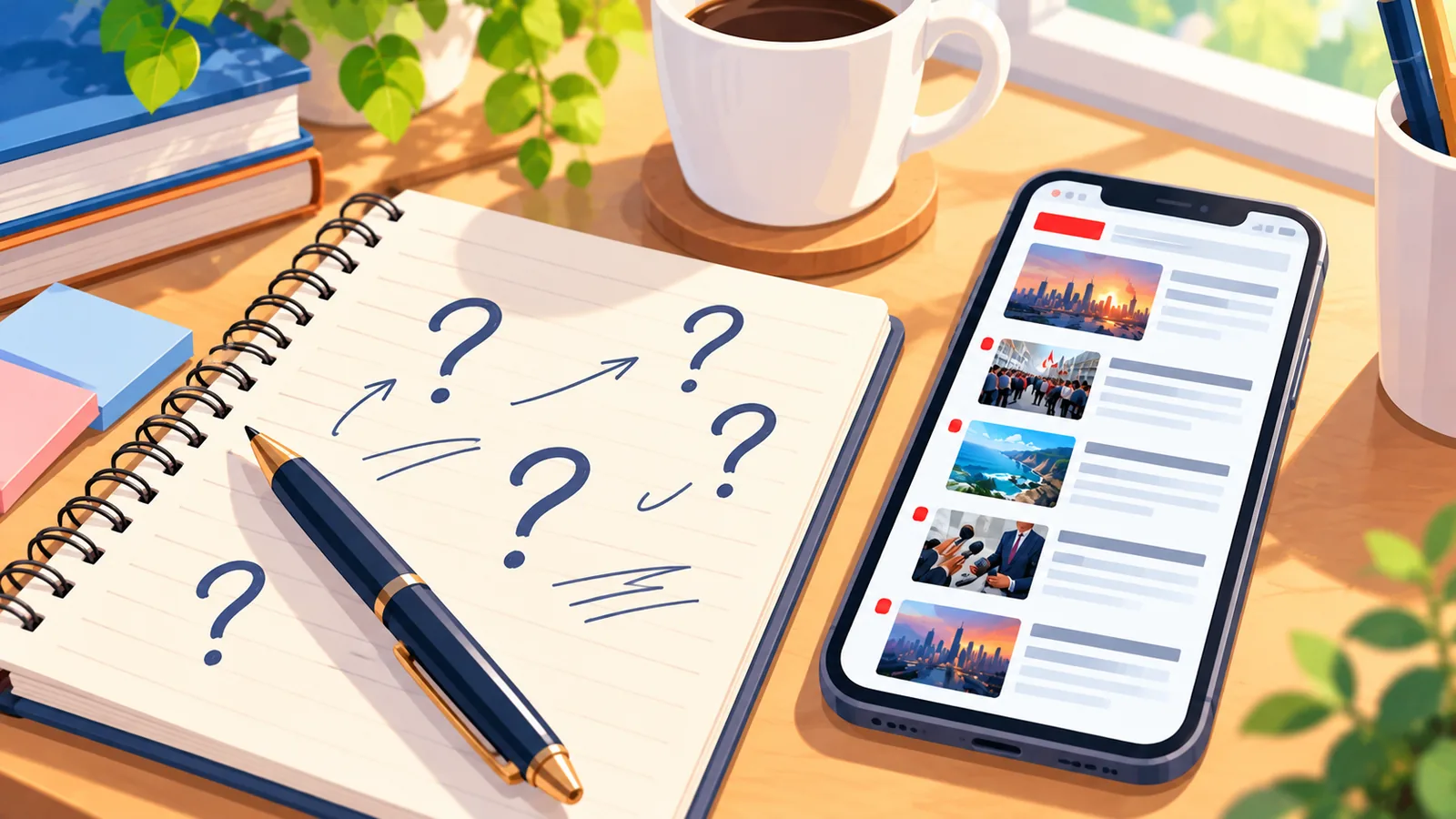 Caderno com perguntas anotadas ao lado de um celular com aplicativo de notícias