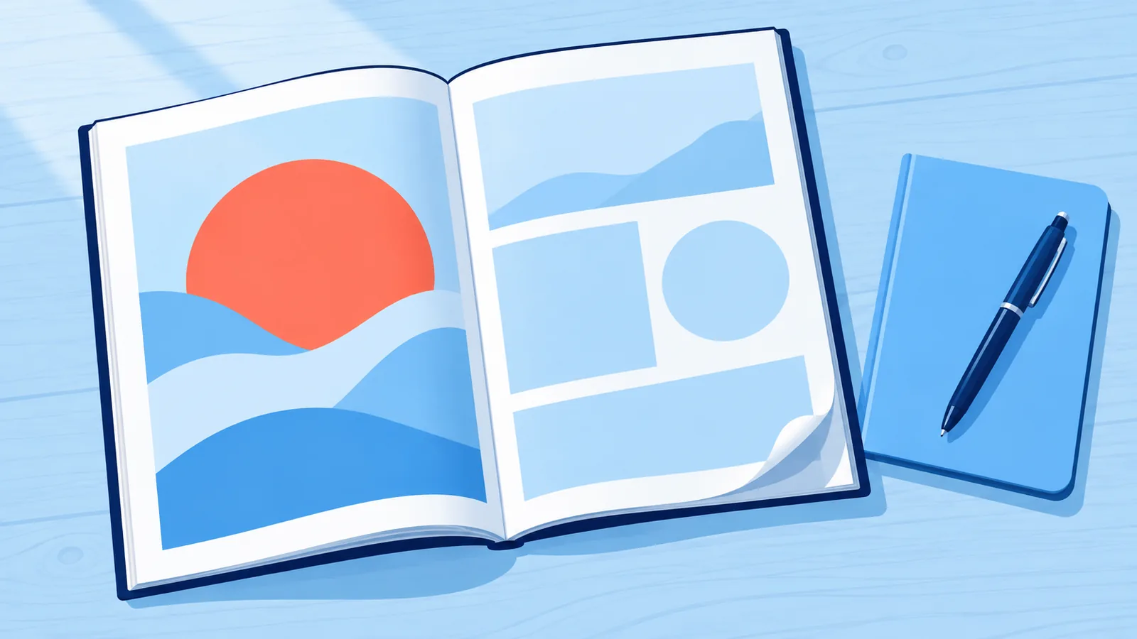 Revista aberta sobre uma mesa de madeira ao lado de caderno e caneta
