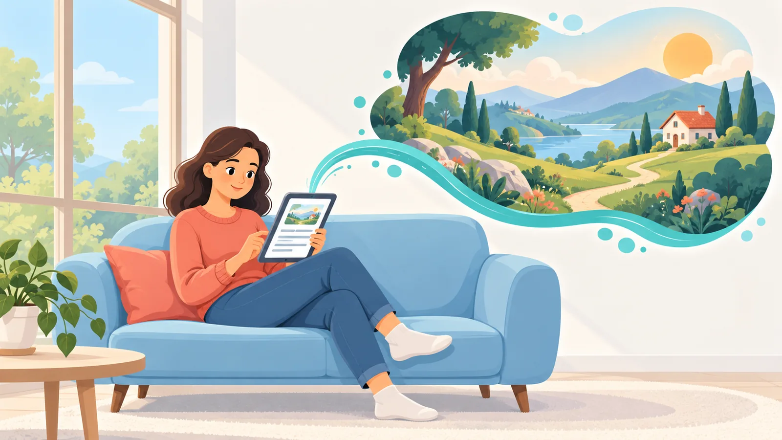 Pessoa lendo um conto em um tablet no sofá